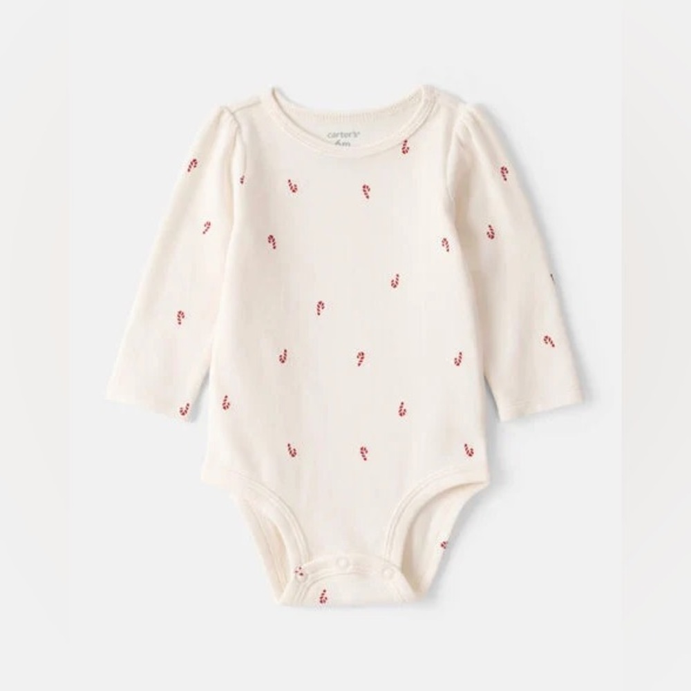 Red and Ivory Carter's Long-Sleeve Bodysuit with Red Candy Cane Print ❤️